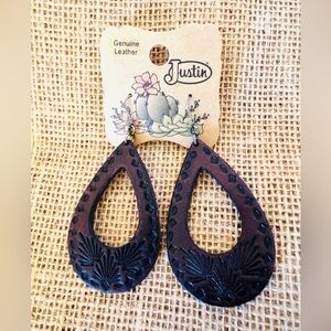 Justin Leather Teardrop Brown Tooled Leather Dangle Earrings NWT!